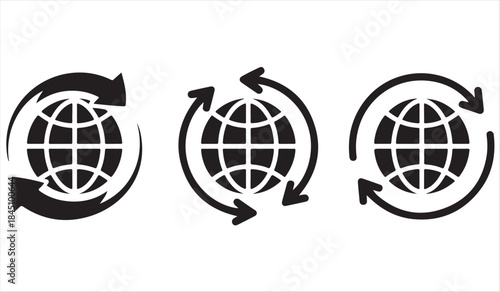 Worldwide connection and data sync icons with rotating globe
