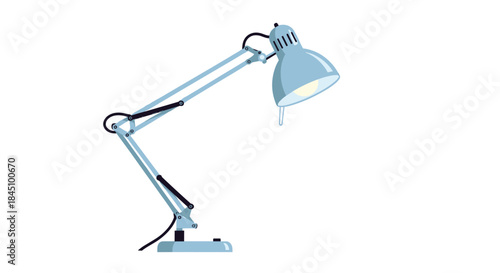 Classic adjustable blue desk lamp or table lamp illustration with a bright shining light bulb, isolated on a white background.