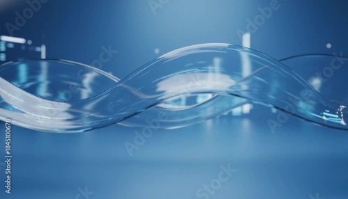 Abstract blue background with wavy transparent lines and blurred cityscape in the distance.