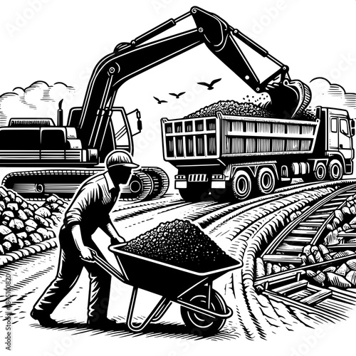 Excavator and Worker With Wheelbarrow