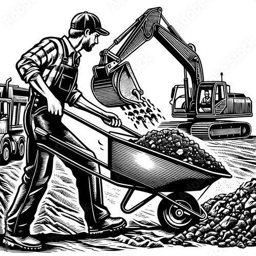 Excavator and Worker With Wheelbarrow