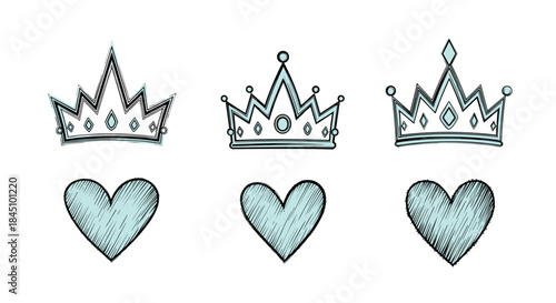 Collection of hand-drawn crowns and hearts with a blue scribble and hatching texture, isolated on a white background.