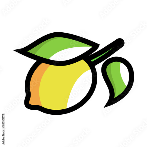 Bright cartoon-style lemon with bold outlines, yellow body, and two green leaves. Perfect for food graphics, stickers, packaging, children s materials, and fresh modern design projects