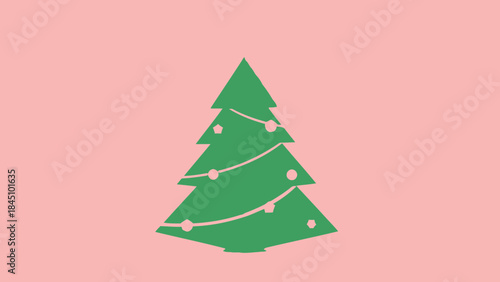 A green christmas tree adorned with string lights on a pink background, festive holiday decoration