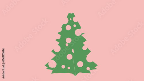 A green christmas tree silhouette with holes on a pink background, decorative holiday symbol