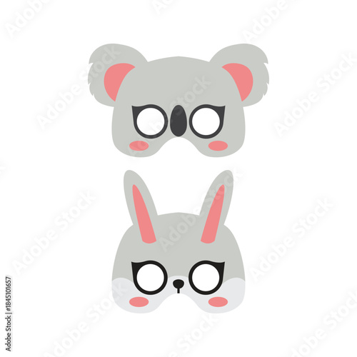 Cute koala and rabbit birthday party mask cartoon icon illustration