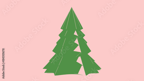 A green paper christmas tree on pink background, minimalist holiday decoration
