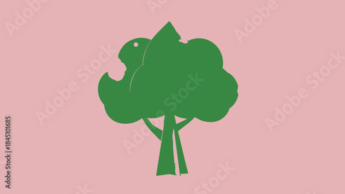 A green tree with a bird sitting on a branch against a pink background, nature scene with a bird on a tree
