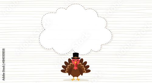 Cute Thanksgiving turkey character in a pilgrim hat with a large, blank cloud-shaped speech bubble for custom text.