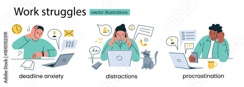 Flat cartoon vector illustration set of office worker compositions with men and women at desks, work struggles, procrastination, stress and burnout, scenes for business, mental health and productivity