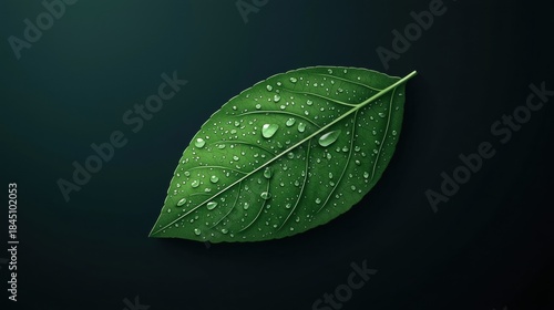 Sustainability Leaf Icon Green leaf with water droplets, dark background, highlights the importance of water for plant life and sustainability
