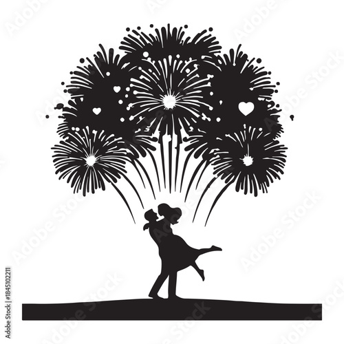 Silhouettes of couple kissing under Silhouette fireworks display romantic celebration event