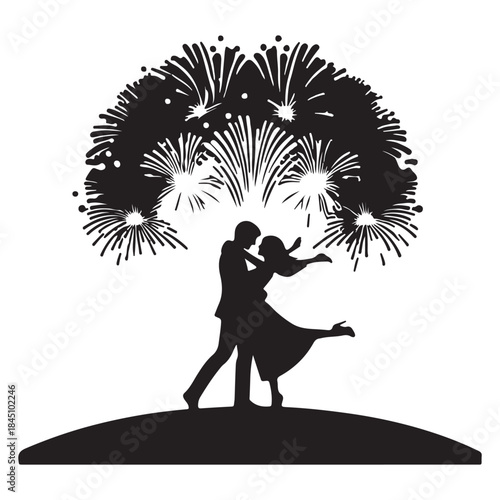 Silhouettes of couple kissing under Silhouette fireworks display romantic celebration event