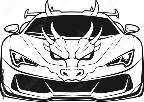Front view of a modern sports car with a fierce dragon face design integrated into the hood and headlights, perfect for automotive enthusiasts and graphic design projects