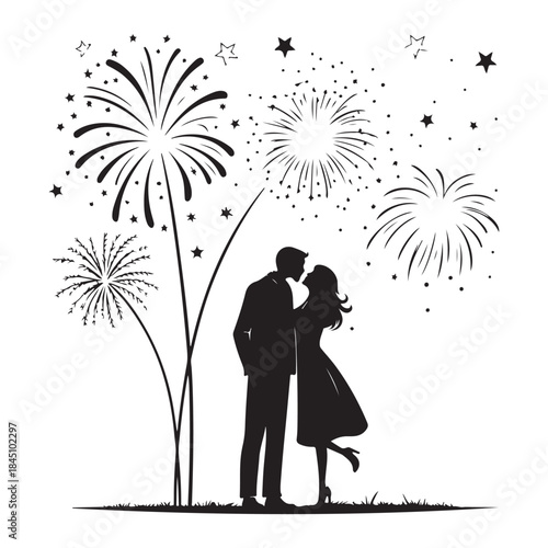 Silhouettes of couple kissing under Silhouette fireworks display romantic celebration event