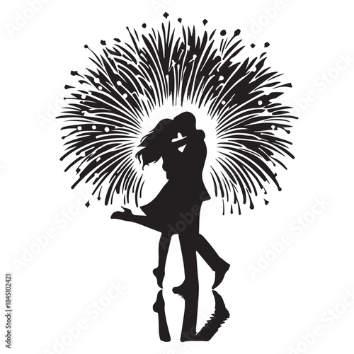 Silhouettes of couple kissing under Silhouette fireworks display romantic celebration event