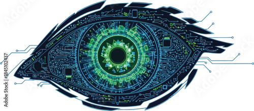 Digital eye illustration with circuit board pattern, representing technology, surveillance, artificial intelligence, and futuristic vision