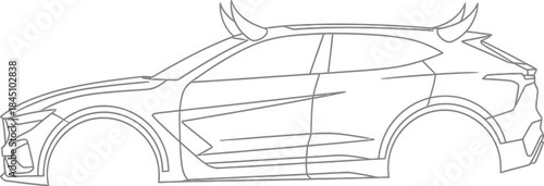 Outline drawing of a modern crossover suv side view, black and white line art, template for design or modification