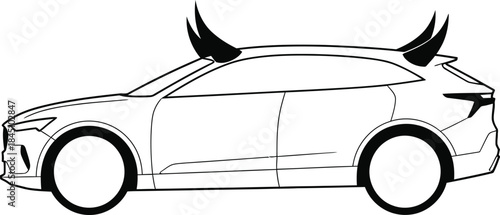 Outline drawing of a modern suv car with bull horns on the roof, side view, black and white line art