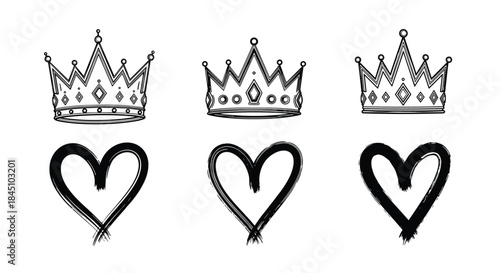 Set of hand-drawn royal crowns and expressive hearts created with a black grunge brush stroke or ink pen style.