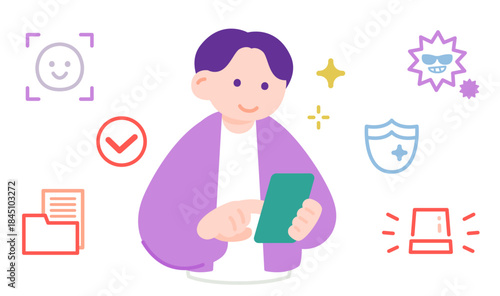 スマホで本人確認を行う男性　顔認証とセキュリティ警告のイメージ