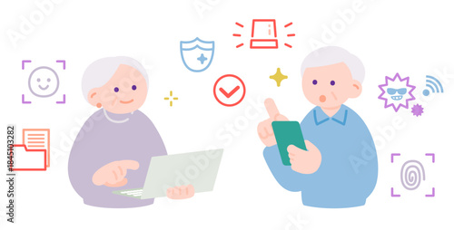 スマホとノートパソコンを使う高齢者夫婦