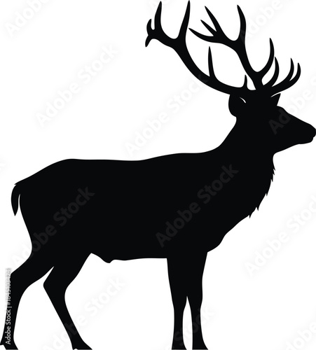 Silhouette of a majestic stag with large antlers, standing in profile against a white background