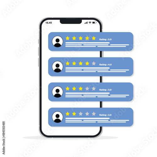 Review rating bubble speech on mobile phone vector illustration. reviews stars with good and bad rate testimonial concept