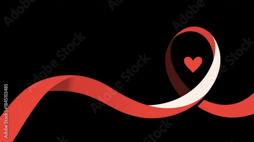 Banner featuring a large flowing red ribbon that creates a large loop with a small heart icon on dark background