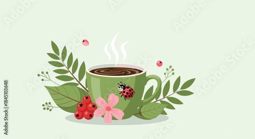Charming illustration of a steaming green mug of coffee or tea, decorated with a ladybug, flowers, leaves, and berries.