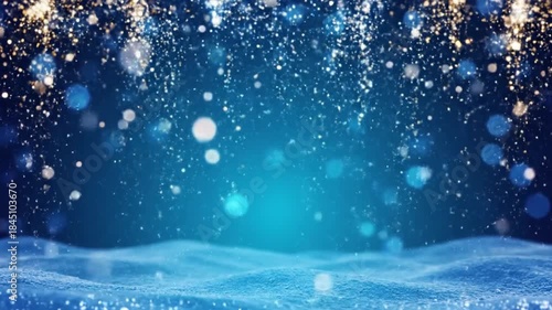 Abstract background with blue and gold sparkles and bokeh lights on a dark blue gradient with a white border at the bottom.