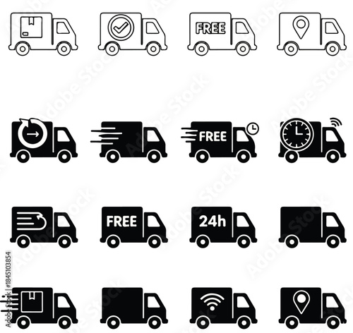 Delivery Truck Icon Set: Editable Line Icons for Logistics, Express Shipping, and Last Mile Delivery - Vector Illustration of Cargo Van, Box Truck, Semi Trailer, Parcel, Package Tracking, Fast Deliver