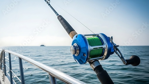Deep sea fishing from a boat with a close up view of the blue reel and green line