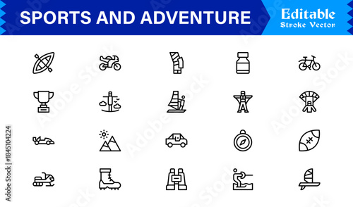 Sports And Adventure Activity Line Icon Set – Professional, Modern, Minimal, And Pixel Perfect Outline Symbols