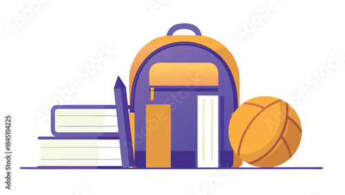 Backpack, books, and basketball on a white background, symbolizing education and sports, school supplies and equipment, learning and recreation, colorful and modern