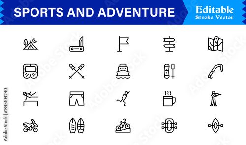 Sports And Adventure Activity Line Icon Set – Professional, Modern, Minimal, And Pixel Perfect Outline Symbols