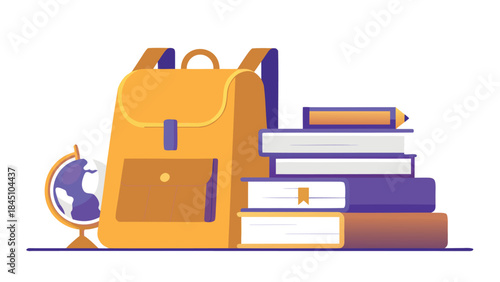 Vibrant illustration of school supplies including a yellow backpack books globe and pencil on a plain white background for educational themes