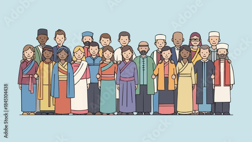 Diverse Group of People Representing Various Cultures and Religions Standing Together.