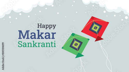 Happy makar sankranti festival with colorful kites on grey background