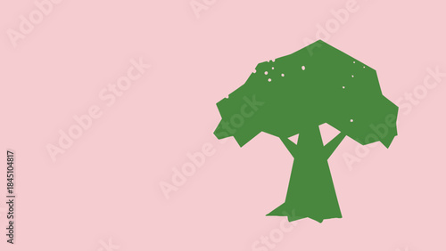 A green tree silhouette with white spots against a soft pink background, symbolizing nature and serenity in a minimalist style