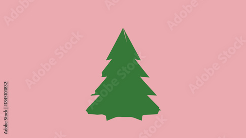 A minimalist green pine tree silhouette on a soft pastel pink background, simple christmas tree shape cutout, modern flat design element for decoration, illustration