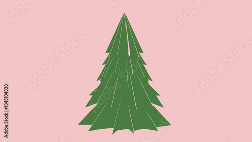 A stylized green pine tree with white lines on a soft pink background, simple illustration