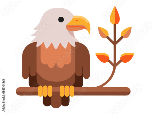 A stylized illustration of a bald eagle perched on a branch next to a small plant with autumn leaves.