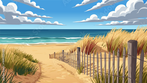 A picturesque sandy path winding through grassy dunes towards a vibrant blue ocean under a cloudy sky, depicting a serene coastal landscape.