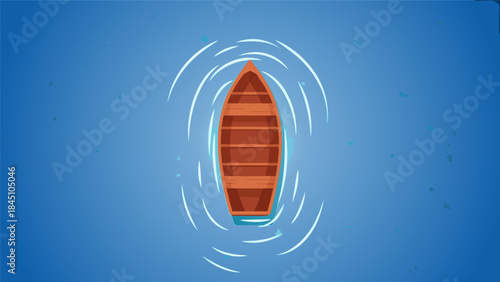 A top-down view of a wooden rowboat floating on calm blue water, with gentle ripples spreading outwards.
