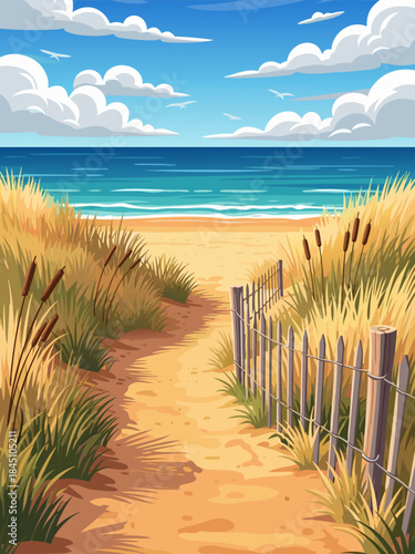 A sandy path winding through grassy dunes towards a vibrant blue ocean under a cloudy sky.