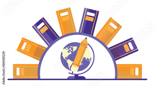 Vibrant purple and orange illustration of a globe with pencil surrounded by books symbolizing global education and learning