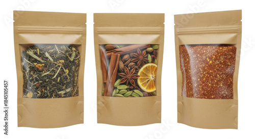 Fototapeta Naklejka Na Ścianę i Meble -  Three stand up kraft paper pouches with clear window showcasing loose leaf black tea spice blend and rooibos tea on transparent background