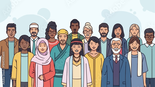 Diverse group of people standing together showing unity and community spirit.