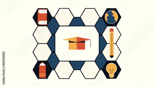 Education concept with graduation cap surrounded by learning icons in hexagonal shapes